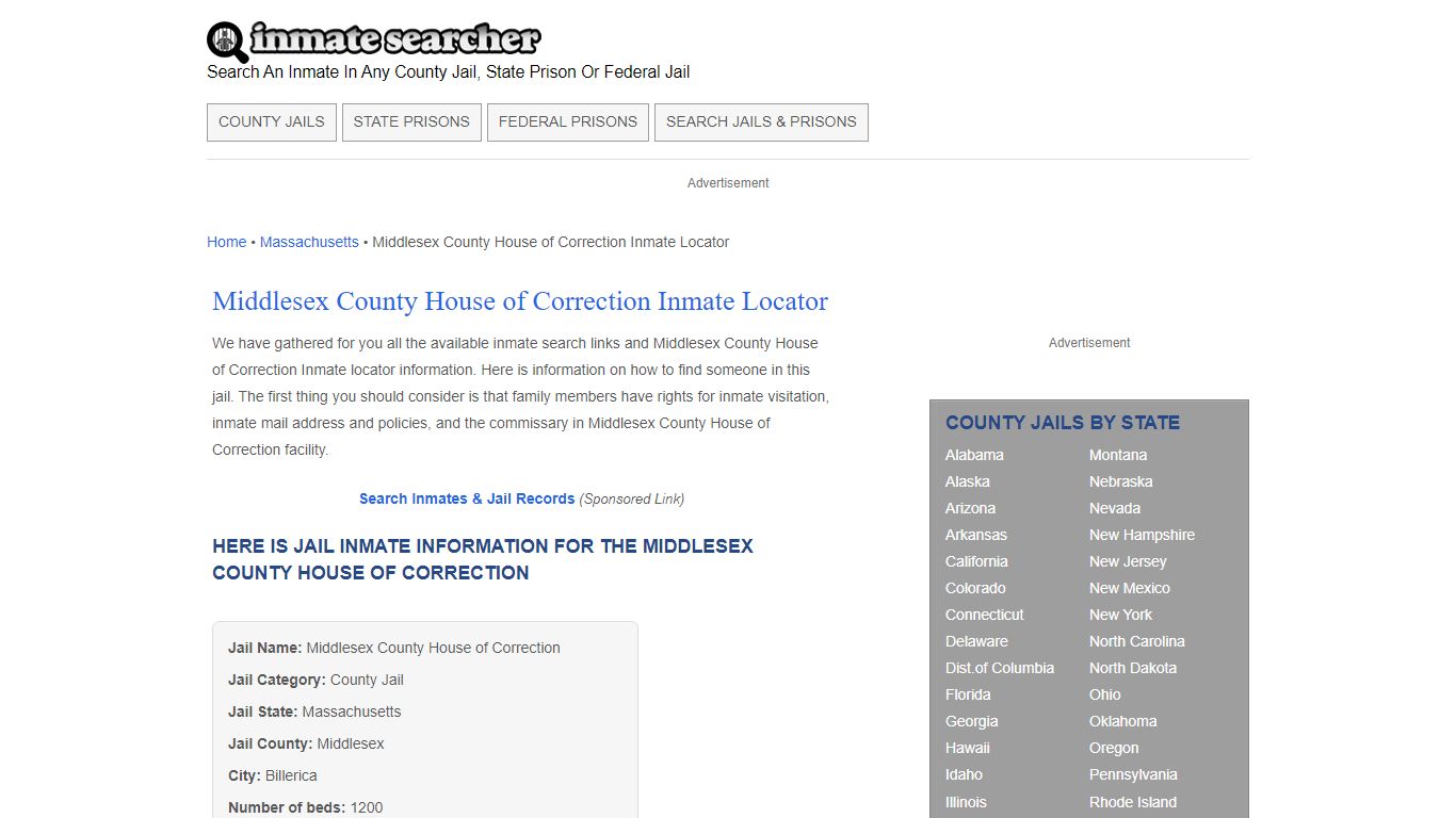 Middlesex County House of Correction Inmate Locator - Inmate Searcher